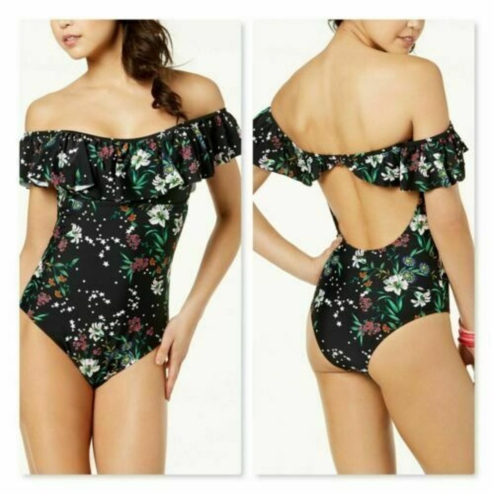 New $78 Raisins Maui One Piece Swimsuit Off the Shoulder Black Floral Stars L